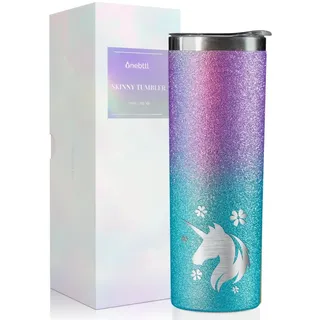 Onebttl Einhorn-Geschenke für Teenager-Mädchen und Frauen, 570 ml, isolierte Edelstahlbecher mit Deckel und Strohhalmen – glitzerndes Blau, Lila – Blume