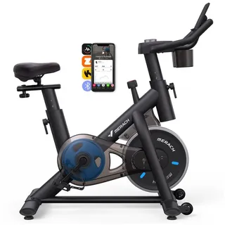 Merach Heimtrainer Fahrrad, Leises Hometrainer Fahrrad mit Verbessertem LCD-Monitor, Spinning Bike Indoor mit Verstellbarem Widerstand für Kardio-Training zu Hause, Mit Eigener App, Bis 122 KG