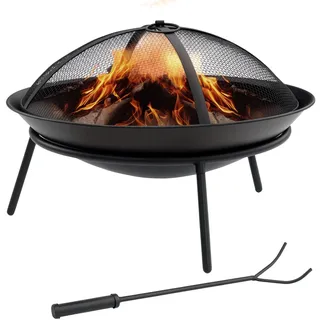 Outdoor Feuerschale - Garten Feuerstelle - Ø47 x 33 cm - Mit Funkenschutz und Schürhaken - Rundes Design - Schwarz