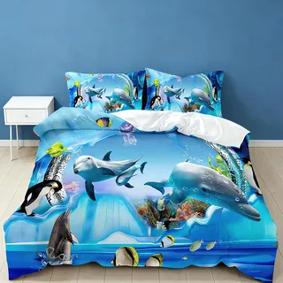 EHAOKK 3D Meer Tier bettwäsche Set,Delfin/schildkröten Motive Bettbezug | Tropischer Fisch/Korallen/Blaue Unterwasserwelt bettwäsche,für Kinder,Jungen und Mädchen(A,135x200cm)