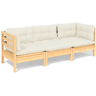 vidaXL 3-Sitzer-Gartensofa mit Creme Kissen Massivholz Kiefer - Creme