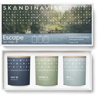 Skandinavisk ESCAPE Geschenkset mit 3 Mini-Duftkerzen. FJORD, ØY 'Insel' und HAV ' Meer'. Vegane Formel. 3 x 65 g.