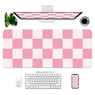 Leder-Mauspad-Schutz, große Schreibtischmatte mit Kunstleder, rutschfeste Schreibtischunterlage, wasserdichte Schreibtisch-Schreibunterlage für Büro und Zuhause (rosa kariert, 35.4 x 15.7 in)