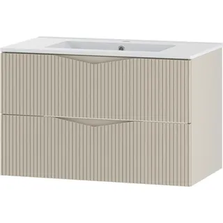 Badezimmer Waschtisch mit 80 cm Breite in beige mit gerillter Front, 2 Schubladen - CALURI-140