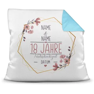 Tassendruck Kissen Hochzeitstag Türkis Hochzeit - mit Name & Datum selbst gestalten - 18 Jahre Ehe, Geschenk Hochzeit, Jubiläum, Jahrestag - Farbkissen Rückseite Hellblau, 40x40 cm I Personalisiert
