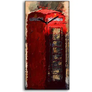 Wanduhr Bürouhr Leinwand Bild Quarz 30x60 London Straße Telefonzelle Telefon - schwarze Hände - Rot