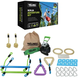 Trelines Ninja Adventure Line 11 m – Slackline-Hindernisparcours für Kinder ab 5 Jahren mit Kletterseilen, Griffknoten und Turnringen, inkl. Aufbewahrungsbeutel