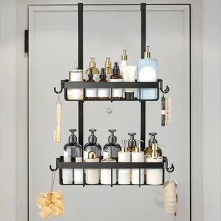 ASelected Duschablage ohne Bohren Schwarz, Duschablage zum Hängen mit 2 Duschkorb, Duschkorb Zum Hängen Duschregal Ohne Bohren für Rahmenlos Glastür