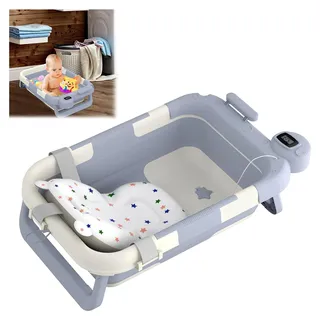 Faltbare Babybadewanne mit Thermometer und Stützkissen, rutschfeste Babywanne, tragbare Reisebadewanne für Neugeborene bis 12 Monate (Hellblau und Weiß)