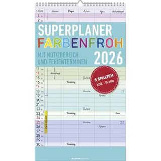 Neumann Alpha Edition - Superplaner Farbenfroh - 5 Spalten 2026 – Familienkalender 26×45 cm mit 5 Spalten & Notizbereich, bunter Familienplaner & Wandkalender mit Ferienterminen für Eltern, Kinder & Paare