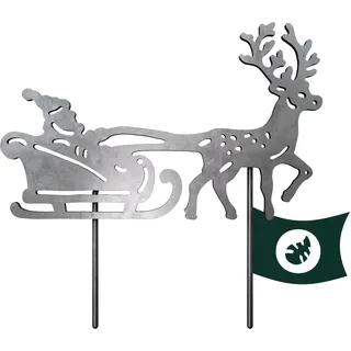VERDOBA Weihnachtsmann mit Schlitten Gartenstecker - silberner Weihnachtsmann mit Rentierschlitten mit Antikfinish - Weihnachtsdeko draußen für Garten, Balkon & Terrasse