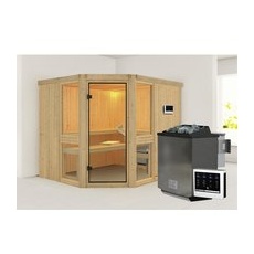 KARIBU Sauna »Pölva 3«, inkl. 9 kW Bio-Kombi-Saunaofen mit externer Steuerung, für 4 Personen - beige