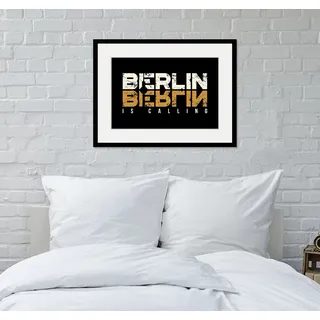 Queence »BERLIN IS CALLING« Berlin Deutschland Gebäude Schriftzug Stadt Städte 1 Stk. tlg. HD Premium Poster-Druck inkl. Holzrahmen,
