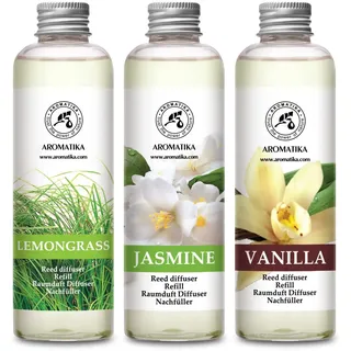 Raumduft Nachfüllflasche Lemongrass & Vanille & Jasmin 3x200 ml - Raumerfrischer - Frischer und Langanhaltender Raumduft - Aroma Diffuser - Aromatherapie - Reed Diffuser Refill