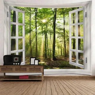 Mesnt Wandteppich Natur XXL, Weißes Fenster mit natürlicher Waldlandschaft draußen Tapisserie Dekoration für Schlafzimmer Wohnzimmer, 350x256cm