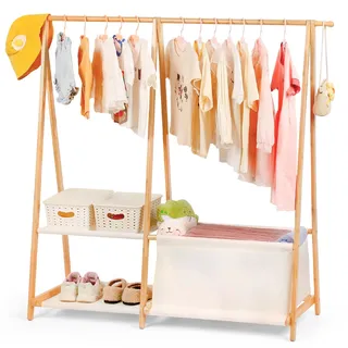 Relquorax Bambus Kleiderständer mit 2 Ablage und Aufbewahrungstasche, Kinder Kindergarderobe, kleiner Organizer Kleiderstange, für Kostüme und Accessoires