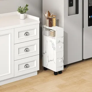 Nischenschrank auf Rollen 'Broreynna' 66 x 15 x 33 cm mit 2 Schubladen und 1 offenes Fach Marmoroptik, weiß - Creme