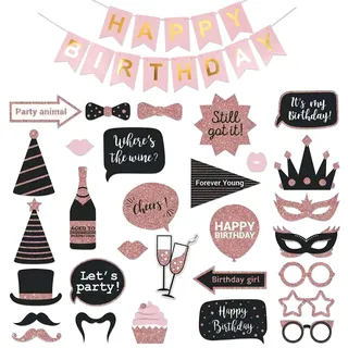 31 Stück Foto Requisiten, Schwarz und Pink Party Foto Booth Props mit Geburtstagsbanner, Fotobox Accessoires Geburtstag Foto Booth Requisiten Fotorequisiten Set für Fotobox und Partyspaß