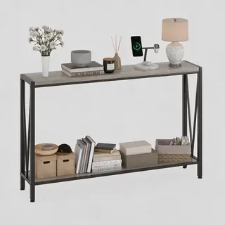 GarveeLife Schmaler Konsolentisch 2 Ebenen Metallgestell Holzoptik Industrial Flurtisch Beistelltisch Für Wohnzimmer Flur Hinter Sofa 109x25x76,5 cm Grau