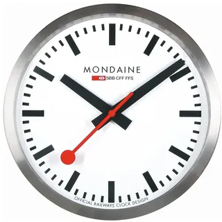 Mondaine - Wanduhr A990.Clock.16SBB 25cm - Bahnhofsuhr in Silber aus gebürstetem Aluminium mit rotem Sekundenzeiger - Hergestellt in der Schweiz staubbeständig - Hergestellt in der Schweiz
