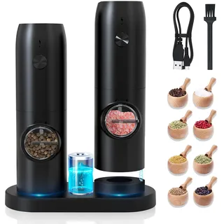 Elektrische Salz und Pfeffermühle Set, Wiederaufladbare Pfeffermühle mit Ladestation, USB Kabel, Einhandbedienung, Einstellbare Grobheit mit Keramikmahlwerk, Hochwertiger ABSKörper, (2er Set,