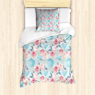 ABAKUHAUS Jahrgang Mantele, Blumen-Rosen-Teekanne, Milbensicher Allergiker geeignet mit Kissenbezügen, 135 cm x 200 cm - 80 x 80 cm, Baby Blue und Blassrosa