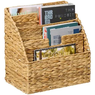 Relaxdays Zeitungsständer Natur Wasserhyazinthe 4-Fächer , Hellbraun , Textil, Metall , 40x41x25 cm , Wohnzimmer, Kleinmöbel, Zeitungsständer