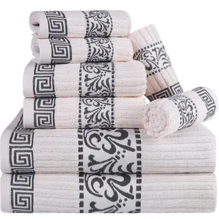 Superior 8-teiliges Handtuch-Set aus Baumwolle, dekoratives griechisches Muster, Heim-Essentials, saugfähige Handtücher, Dekor für Badezimmer, Spa, enthält 2 Hände, 2 Gesichts- und 4 Badetücher,