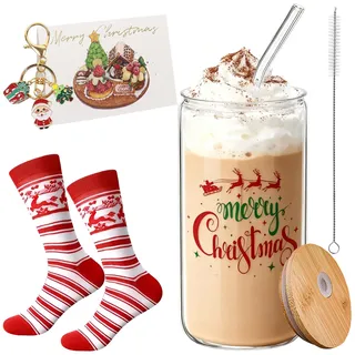 Weihnachtsgläser, Trinkglas Weihnachten Frauen Matcha Gläser mit Deckel und Strohhalm, Strohhalmbürste Weihnachtensocken Grußkarte Schlüsselanhänger für Geschenkset Weihnachten Christmas Gifts (D)