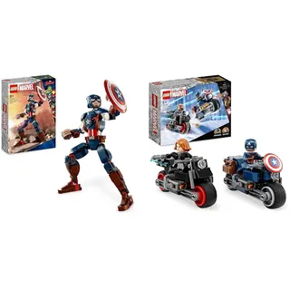 LEGO Marvel Captain America Baufigur, Superheld mit Schild, Avengers BAU-Spielzeug & Marvel Captain America & Black Widow Motorräder