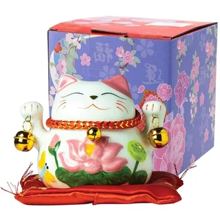 Jade Temple Maneki Neko Winkekatze Weiß-Pink, klein, Spardose, japanische Glücksbringer Katze, asiatisches Deko-Objekt, Porzellan, 10cm Höhe, 12cm Durchmesser, mit Kissen, 1 Stück in Geschenkbox