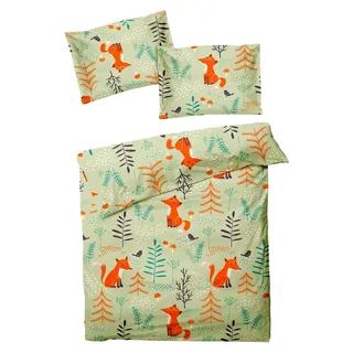 Biber Bettwäsche für Babys 2-teilig 100x135cm Fuchs Wald Natur Grün mit Reißverschluss - Grün