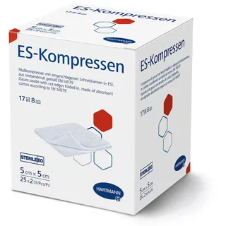 ES-KOMPRESSEN: Sterile Mullkompressen zur Wundreinigung & Wundabdeckung, sowie zum Auftragen von Salben, 5 x 5 cm, 8-fach, 17-fädig, 25x2 Stück