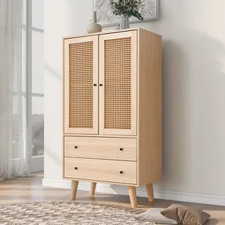 Flieks Kommode Sideboard mit 2 Schubladen und 2 Türen, Rattan Wohnzimmerschränke Stehschrank TV Tisch 60x40x120cm - Beige