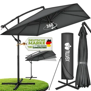 tillvex® Alu Sonnenschirm Rechteckig Ø 330 cm Rot + Abdeckung mit Kurbel | Ampelschirm Eckig mit Ständer | Gartenschirm UV-Schutz Aluminium | Kurbelschirm Marktschirm wasserdicht 360° drehbar - Dunkelgrau
