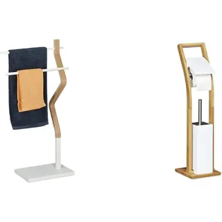 Relaxdays Handtuchhalter stehend, Handtuchständer mit 2 Stangen, weiß/Natur & Stand WC Garnitur Holz HBT 75 x 19 x 19 cm Toilettenbürstenhalter aus Bambus weiß