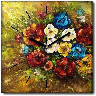 Coloray Uhr auf Leinwand 30x30 cm Wand Uhr Dekoration Wohnzimmer Segeltuch schwarze Hände -Blumen. Blumenstrauß von Pflanzen - Bunt