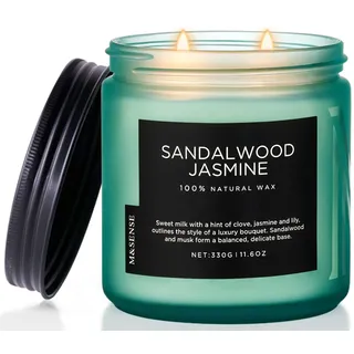 M&SENSE Sandelholz Jasmin Duftkerze im Glas 330g 2 Baumwolldochte dekorative Kerze für Zuhause Geschenk 70 Std. Brenndauer natürliche Sojawachskerze