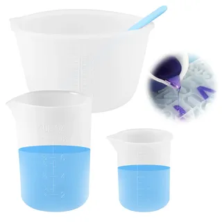3 Stück Silikon Messbecher 600ml/ 250ml/ 100ml, Silikonbecher zum Gießen mit Silikonrührstäbchen, Genaue Waage Antihaft Silikonmessbecher für Epoxid, Backen, Labore, DIY-Handwerk(Halbtransparent)
