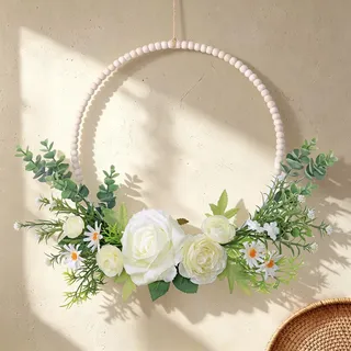 Weldomcor 43cm Türkranz Sommer, Rosen Eukalyptus Holzperlen Kranz Türkranz Ganzjährig Metallring Haustür Deko Fensterdeko Hängend Blumenkranz für Innen Wand Wohnzimmer Hochzeit Frühlingsdeko, Weiß