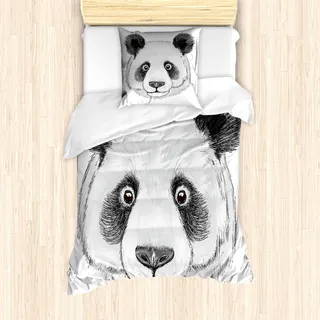 ABAKUHAUS Tier Mantele, Hand gezeichnet Panda, Milbensicher Allergiker geeignet mit Kissenbezügen, 135 cm x 200 cm - 80 x 80 cm, Lime Green White