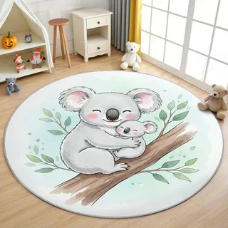 AevuCub Koala Teppich Rund 160 Kurzflor - Waschbare Teppiche Wohnzimmer Tiere Kinder Cartoon Waldtiere - Runder Teppich 160 Durchmesser Kinderzimmer - Schlafzimmer rutschfest Weich