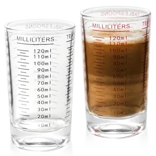 GBKDQQ 2 Stück 120ML SchnapsgläSer, Messbecher Klein Mit Waage, Transparent Messbecher Glas für Kaffee, Milch, Cocktail, Tequila, Wodka (Schwarz+Rot)