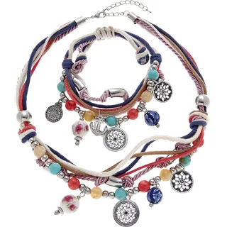 LASCANA "Bettlerarmband und Halsketten Set", () Mit vielen kleinen Anhängern, blau, rot, weiß, rot, weiß),