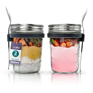 volila Overnight Oats Gläser - (2 Stk. à 350ml) Overnight Oats Behälter mit Deckel - Müslibecher to Go Glas für Overnight Oats, Joghurt und Salate - Gläser für Overnight Oats mit Rezepten und Löffel