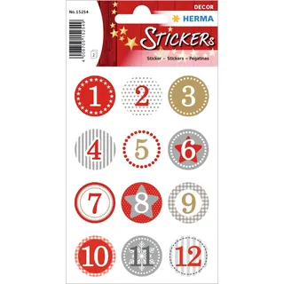 HERMA 15254 Aufkleber Zahlen 1-24 Glitzer rund, 24 Stück, Ø 2 cm, Weihnachten Sticker mit Sterne Schneeflocken Motiv, Nummer Ziffer Klebezahlen Etiketten für Weihnachtsdeko Adventskalender DIY Basteln
