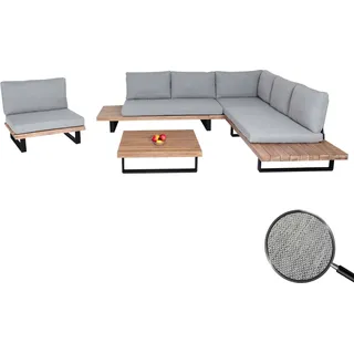 Garten-Garnitur mit Sessel HWC-H54, Lounge-Set Sofa, Spun Poly Akazie Holz Aluminium hellbraun, Polster hellgrau - Grau