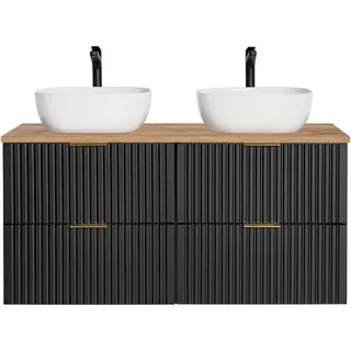 Badezimmerschrank 120 cm schwarz matt mit Eichenholzplatte und Waschbecken - Schwarz