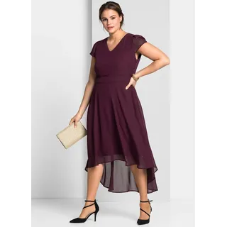 Abendkleid SHEEGO "Abendkleid", Damen, Gr. 52, Normalgrößen, lila (aubergine), Georgette, 100% Polyester, unifarben, lang, V-Ausschnitt, Kleider Abendkleid