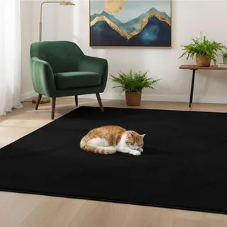 VIMODA Teppich Wohnzimmer Schlafzimmer, Kurzflor, flauschig weich, rutschfest/Anti-Rutsch, waschbar bis 30°C, Felloptik, für Fußbodenheizung geeignet,Farbe:Schwarz;Maße:160x220 cm